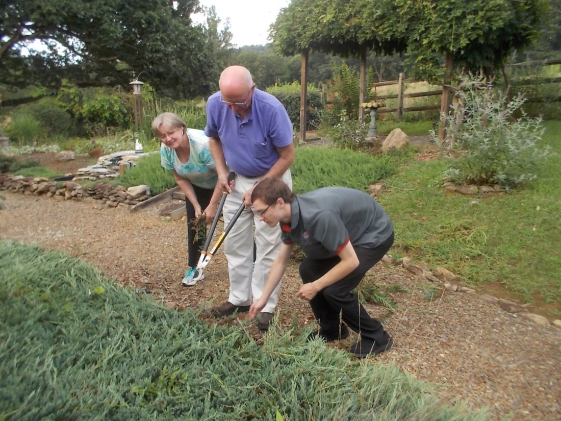 080516 Beth Bob D trimming evergreens.jpg