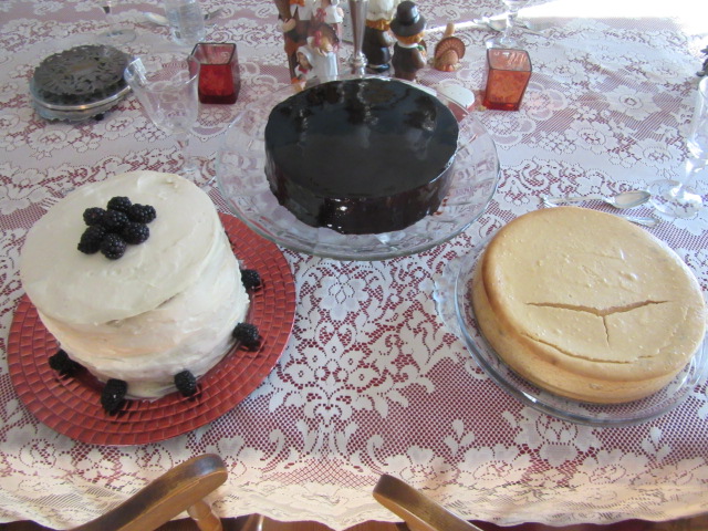 112218 11 Thanksgiving blackberry cake, choc mint mirror glaze, pumpkin cheesecake.JPG